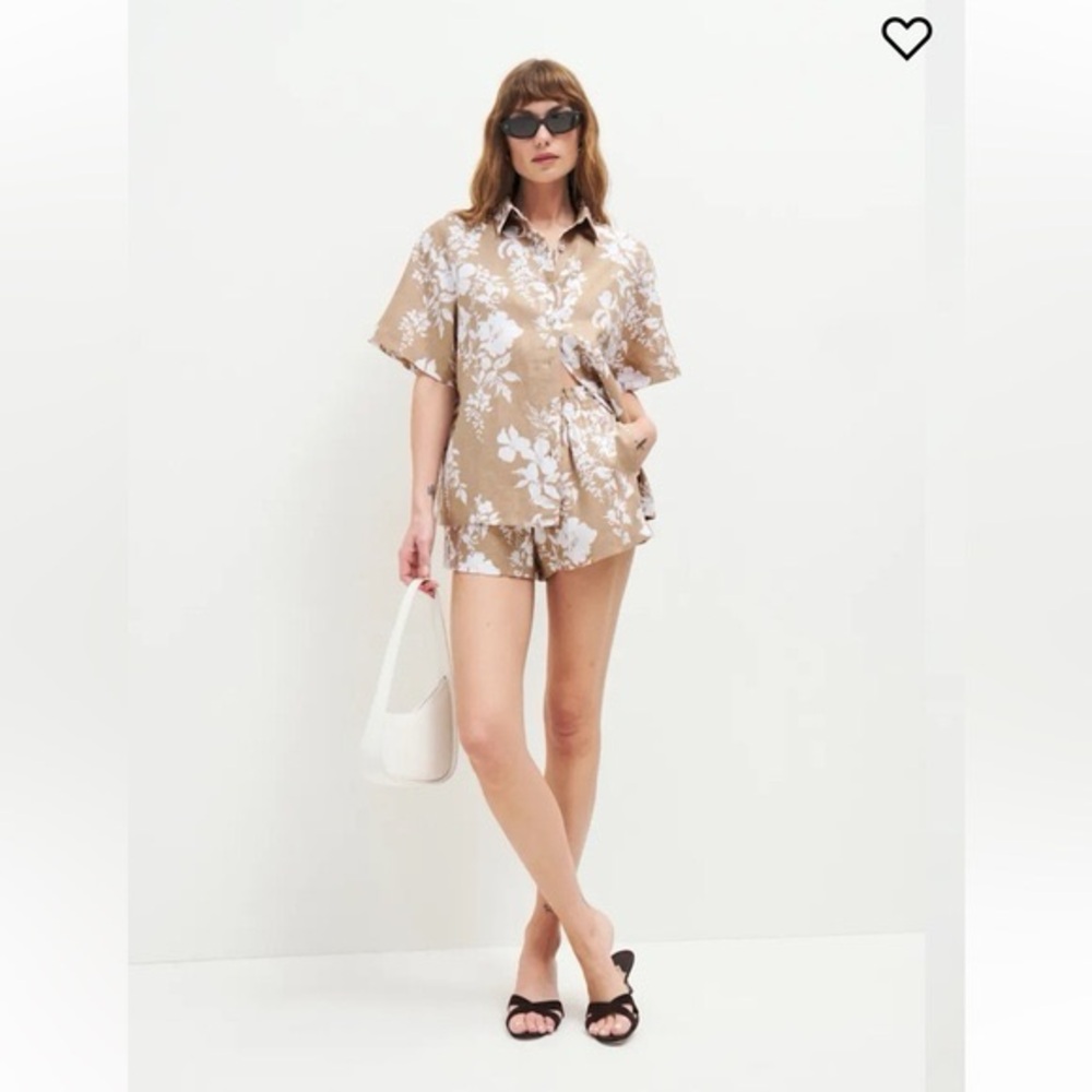 Reformation Gio Linen Shirt Mika Linen Short Set - size small - Tan Floral
